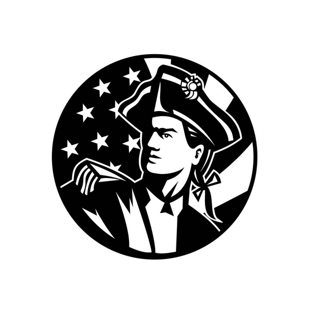 Ασπρόμαυρη απεικόνιση ενός Αμερικανού πατριώτη επαναστάτη στρατιώτη που κοιτάζει ψηλά με τα αστέρια και τις ρίγες των αστεριών των ΗΠΑ στο φόντο την Ημέρα της Ανεξαρτησίας σε ρετρό στυλ. - Διάνυσμα, εικόνα