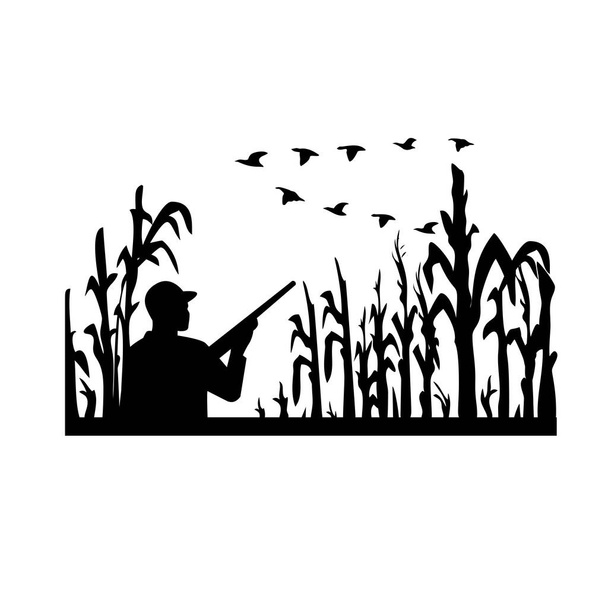 Ilustração em estilo preto e branco retrô de um pato silhueta ou caçador de pássaros com rifle em campo de milho inundado com talos de milho em fundo branco isolado
. - Vetor, Imagem