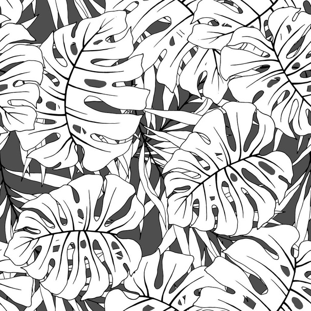 Seamless pattern with tropical leaves in monochrome colors, ornament for wallpaper and fabrics, wrapping paper, background for different designs, scrapbooking - Vector, Image