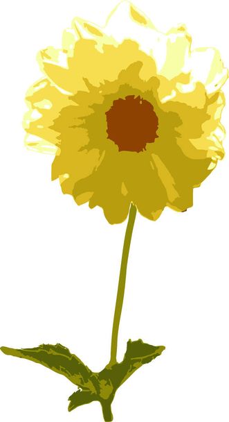 Żółta dahlia na łodydze z liśćmi. Słodki, słoneczny kwiat. Czas na lato. Wektor zapasów ilustracja kwiat izolowany na białym tle - Wektor, obraz