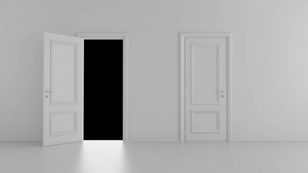 3D-Rendering offene Tür in einem hellen Raum auf schwarzem Hintergrund - Foto, Bild