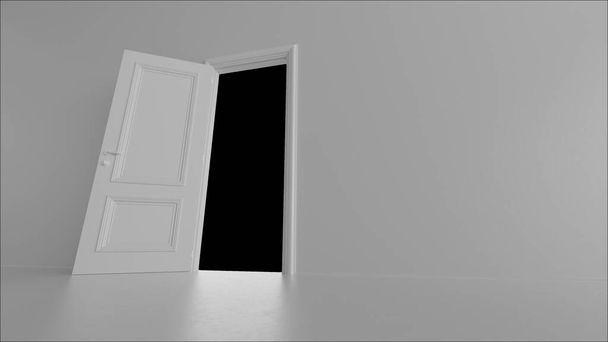 3D καθιστούν ανοιχτή πόρτα σε ένα φωτεινό δωμάτιο σε μαύρο φόντο - Φωτογραφία, εικόνα