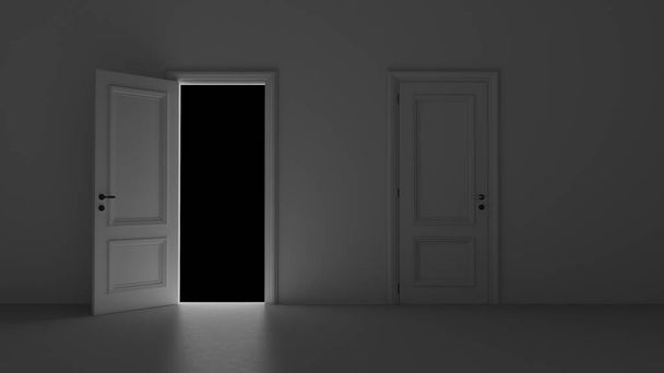 3d renderen open deur in donkere kamer op een zwarte achtergrond - Foto, afbeelding