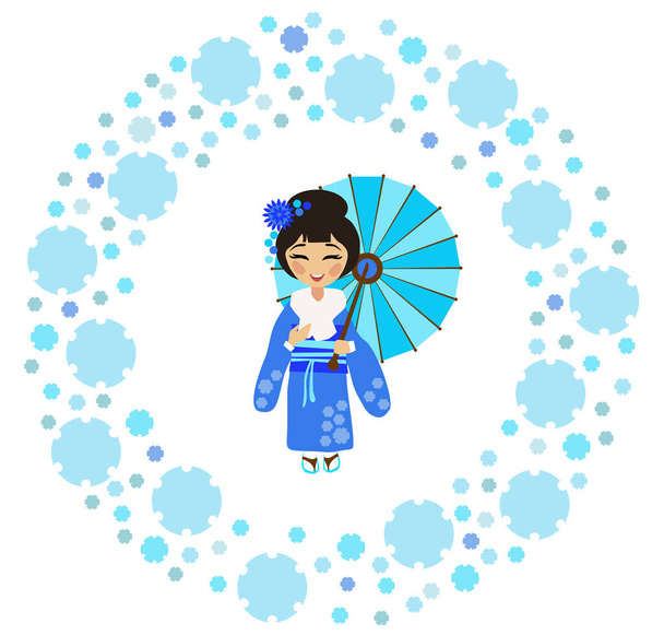 Japonská dívka v kimonu obdivuje padající sníh (Yukimi) v kruhu sněhových vloček - Vektor, obrázek