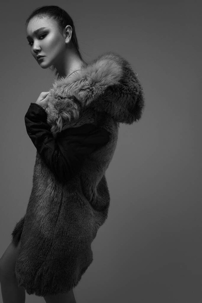 Fashion studio portrait of beautiful lady with elegant hairstyle in fur coat. - Фото, зображення