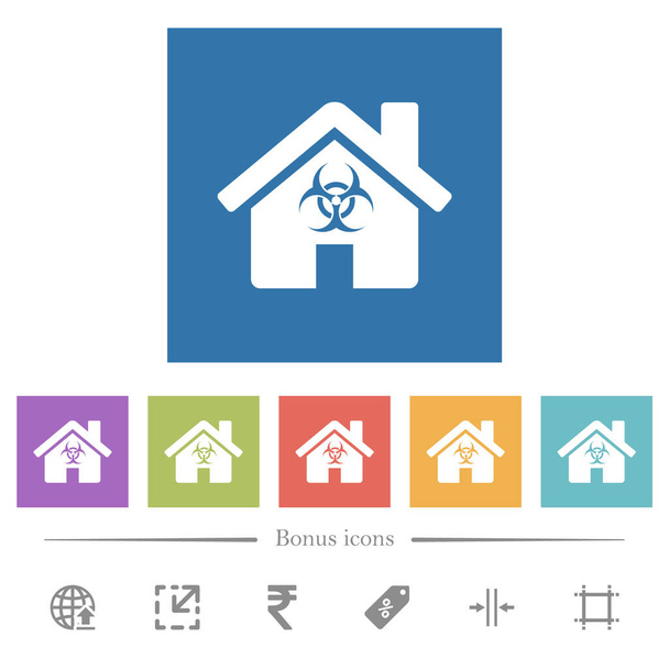 Home Quarantäne flache weiße Symbole in quadratischen Hintergründen. 6 Bonussymbole enthalten. - Vektor, Bild