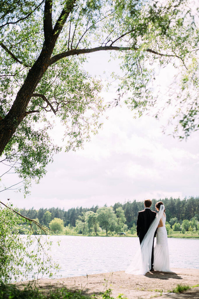 Νύφη και γαμπρός. Θερινός γάμος. Εξωτερικό πορτρέτο των χαρούμενων όμορφων νεόνυμφων κοιτάζοντας τη λίμνη. - Φωτογραφία, εικόνα