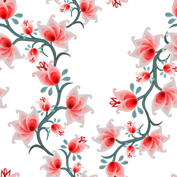 Abstract seamless pattern with stylized watercolor flowers. Ornamental background based on ethnic asian patterns.  - Foto, Imagem