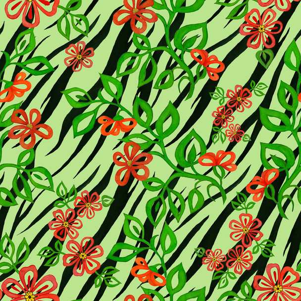 Beautiful seamless pattern with stylized countour flowers on animal background. Vintage floral texture. - Zdjęcie, obraz