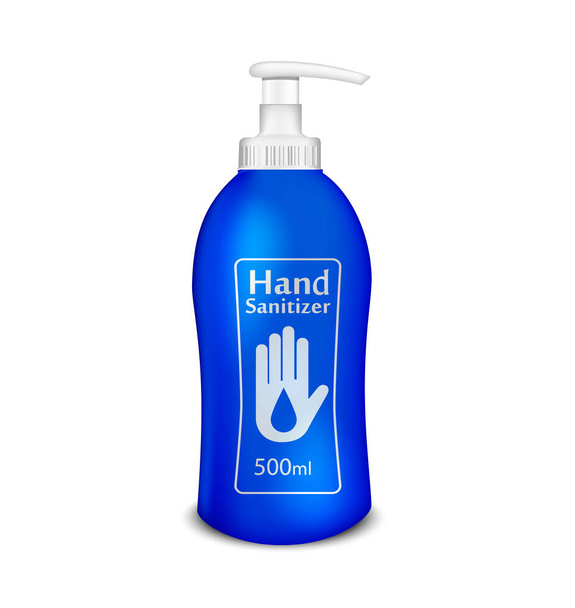 Desinfectante de manos en frasco azul con alcohol frotar a mano. Frotando alcohol. Dispensador de jabón colgante recipiente de lavado a mano. Protección contra gérmenes como el coronavirus Covid-19
 - Vector, imagen