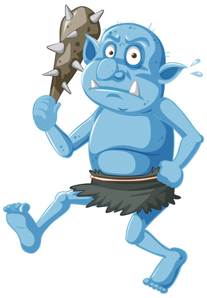 Çizgi film karakterinde mavi goblin ya da trol avlanma aracı tutuyor. - Vektör, Görsel