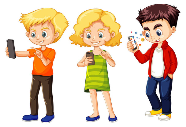Set of young children using phone illustration - Вектор,изображение