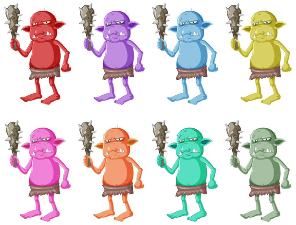 Set von bunten Kobolden oder Trollen, die Jagdwerkzeug mit wütendem Gesicht in der Zeichentrickfigur halten, isolierte Illustration - Vektor, Bild