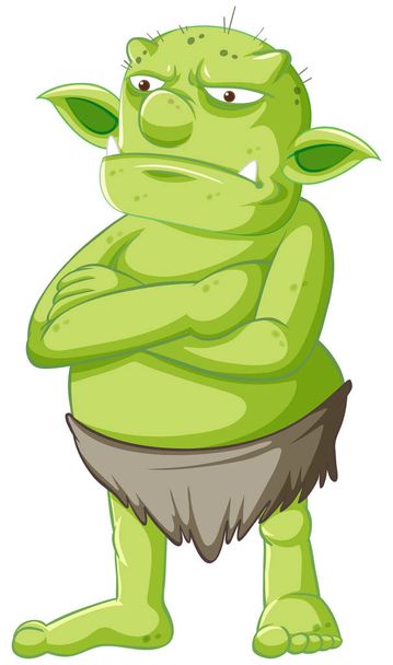 Yeşil goblin ya da troll duruşu karikatür karakteri içinde öfkeli yüzle izole edilmiş. - Vektör, Görsel