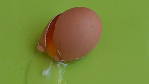 uovo di pollo incrinato su sfondo verde, vista da vicino  - Filmati, video