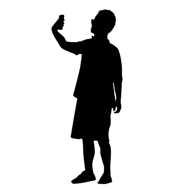 An illustration of a man's silhouette taking selfie with smartphone isolated on white background - Foto, Bild
