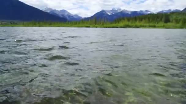 paisaje de un lago en las montañas rocosas, Canadá, el agua es cristalina y tiene pequeñas olas, en la distancia se pueden ver los árboles y las altas montañas
 - Imágenes, Vídeo