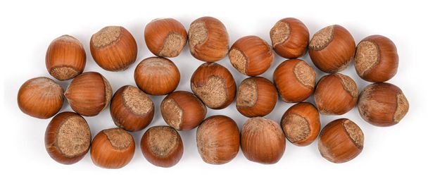 Hazelnut heap top view isolated on white background. Pile of hazelnuts in shell closeup - Photo, Image