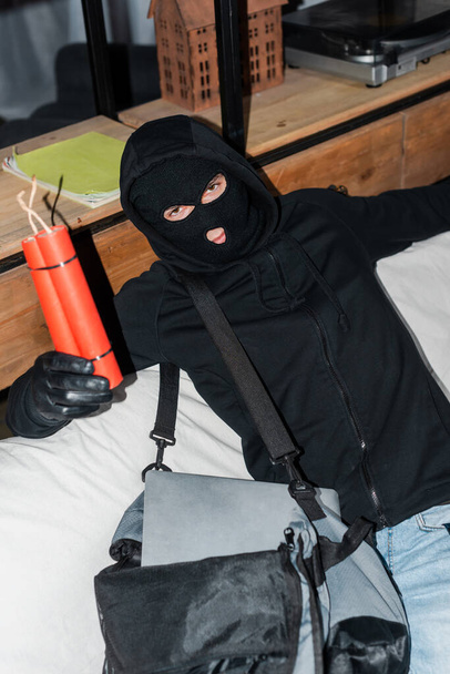 Robber in balaclava holding dynamite near bag with laptop on couch  - 写真・画像