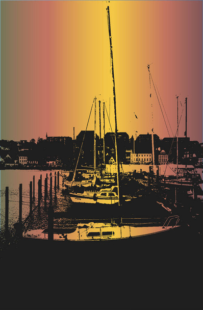 Berth for yachts and boats in the seaport. The ocean yachts is securely moored at the pier of the passenger terminal of the port. Vintage hand drawn vector illustration. Grunge golden background. - Vector, Image