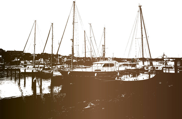 港のヨットやボートのためのバース。海のヨットは、港の旅客ターミナルの桟橋に安全に係留されています。ヴィンテージ手描きベクトルイラスト。グランジセピアの背景. - ベクター画像