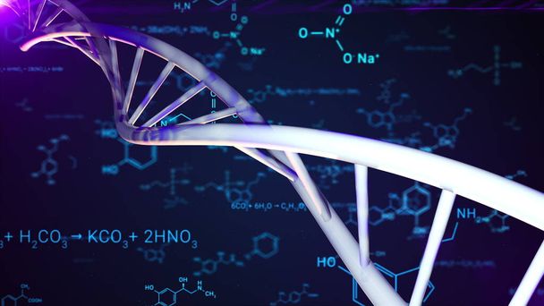 Dvojitá spirála DNA a chemické vzorce, vytvořené počítačem. 3D vykreslování pozadí lékařského výzkumu - Fotografie, Obrázek