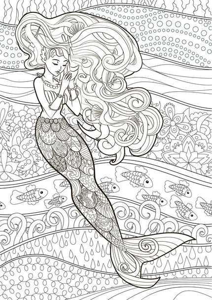 Coloring page for adults with a mermaid in tangle style. Anti stress art-therapy for people with dementia or anxiety disorder - Vector, Image