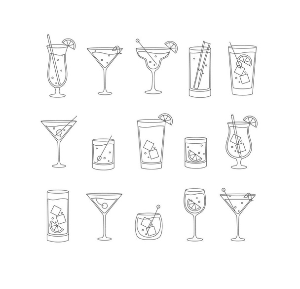 Іконка алкогольних напоїв та коктейлів, встановлена у стилі плоскої лінії на білому тлі
. - Вектор, зображення