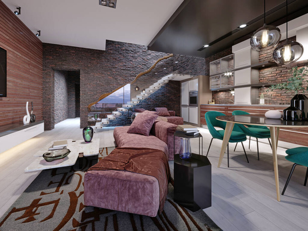 Studio loft design with staircase and dark brick wall. Living room with burgundy upholstered furniture and a modern kitchen. 3D rendering. - Photo, Image