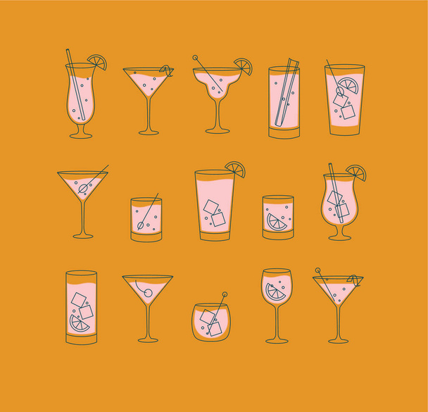 Alcohol drinks and cocktails icon set in flat line style on orange background. - Vector, Image