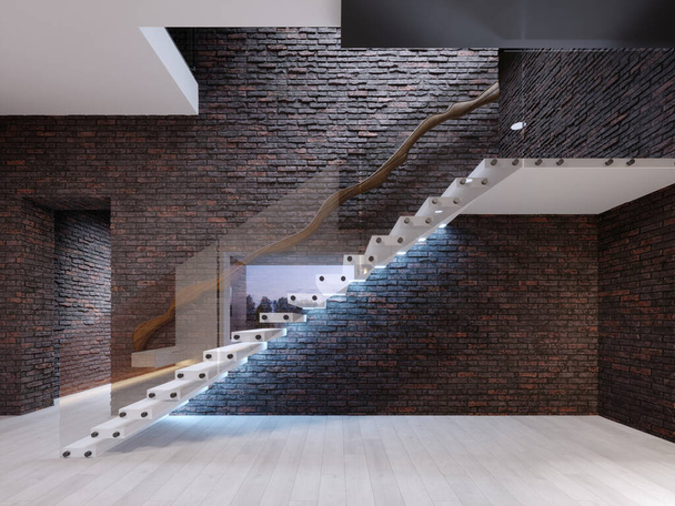 Modern design staircase in the living room, with glass railings and white independent steps on the brick wall. 3D rendering. - Photo, Image