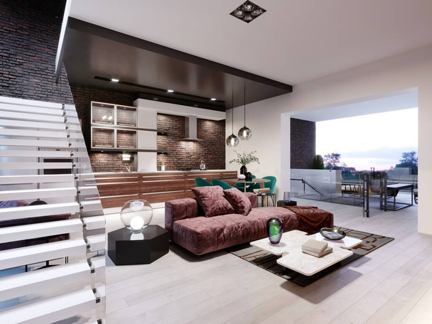 Studio-Loft-Design mit Treppe und dunkler Ziegelwand. Wohnzimmer mit weinroten Polstermöbeln und eine moderne Küche. 3D-Rendering. - Foto, Bild