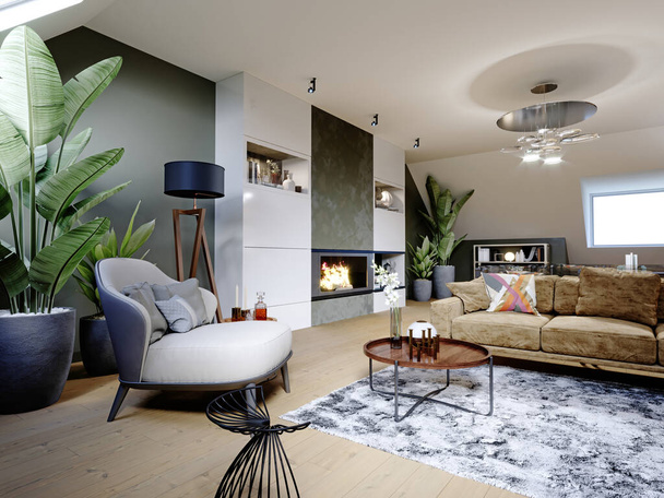 Design living room on the attic with a designer fireplace and a large sofa with an armchair, lots of greenery and flowerpots. 3D rendering. - 写真・画像