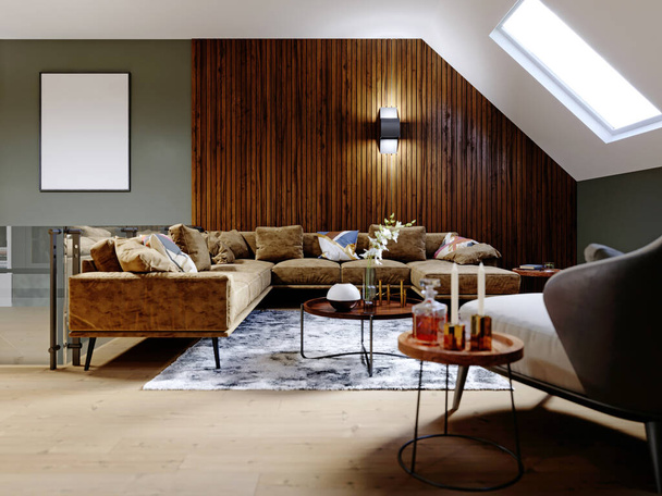 Un ático moderno con una sala de estar, una sala de estar con un sofá de esquina grande y una chimenea, un espacio de trabajo con un escritorio, un montón de macetas con vegetación. Renderizado 3D
. - Foto, Imagen