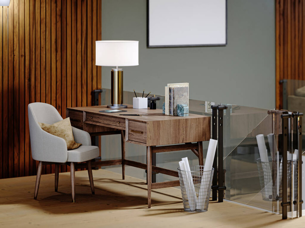 Interieur-Loft-Design mit Arbeitsplatz und Schreibtisch vor einer Holzwand, Regal mit Dekor, Mülleimer. 3D-Rendering. - Foto, Bild