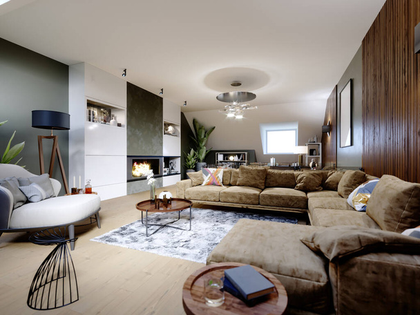 Um sótão moderno com um espaço de estar, uma área de estar com um grande sofá canto e uma lareira, um espaço de trabalho com uma mesa, um monte de vasos com vegetação. Renderização 3D
. - Foto, Imagem