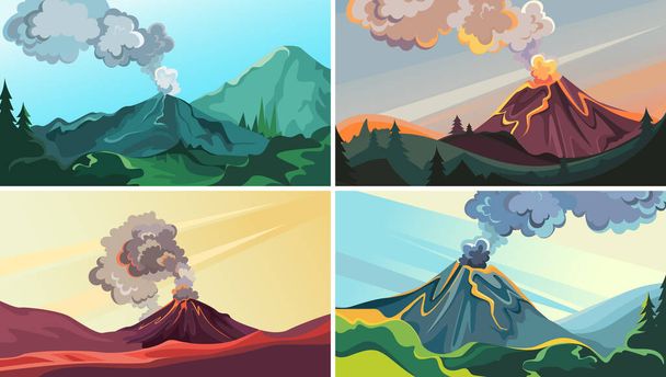 Conjunto de vulcões ativos na natureza. Belas paisagens da natureza
. - Vetor, Imagem