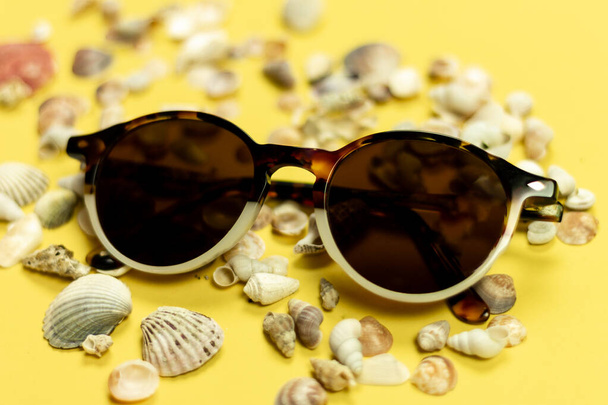 Gafas de sol, conchas y guijarros de primer plano sobre fondo blanco
 - Foto, Imagen