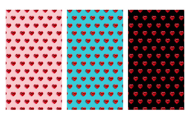 Μοτίβο από γυάλινες κόκκινες καρδιές σε μαύρο, μπλε, ροζ φόντο. Σύμβολο αγάπης - Φωτογραφία, εικόνα