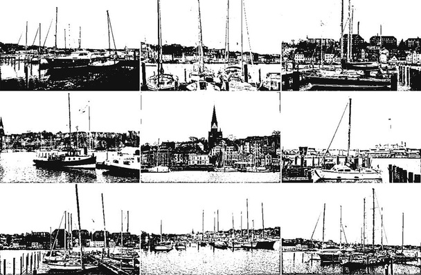 港のヨットやボートのためのバース。海のヨットは、港の旅客ターミナルの桟橋に安全に係留されています。ヴィンテージ手描きベクトルイラスト。グランジの背景。セット - ベクター画像