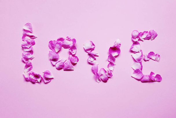 Слово "любов" рожевих пелюсток троянд на рожевому тлі. Любов, почуття, жіноче поняття
. - Фото, зображення