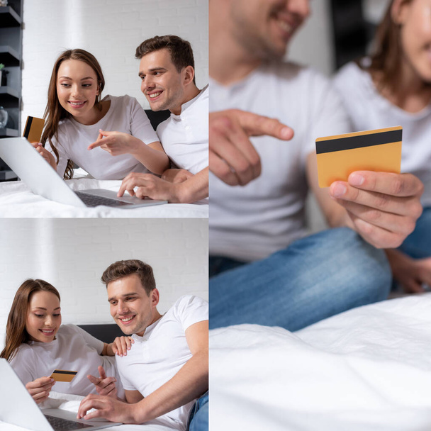 Collage einer glücklichen Frau, die mit dem Finger auf Laptop zeigt und Kreditkarten hält, während sie mit Freund online einkauft  - Foto, Bild