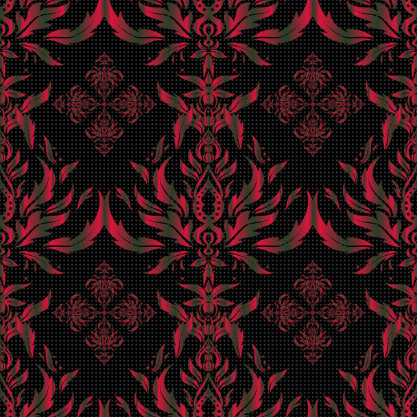 Pattern for wallpapers, backgrounds, flyers or wrapping paper. Seamless pattern with damask ornament. Seamless vector red and green ornament in arabian style on a black background. - Vector, Image