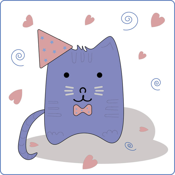 vector illustration. Cute cartoon blue cat in a funny hat. birthday greeting card. - Vektor, kép