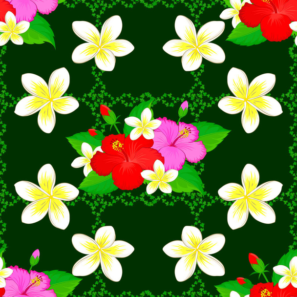 Ilustracja zmiennokolorowego wektora. Tropikalne z wieloma kwiatami abstrakcyjnymi na zielonym tle. - Wektor, obraz