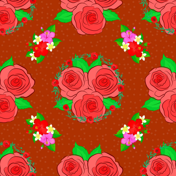 Vector illustratie. Naadloos bloemenpatroon in rode, oranje en roze kleuren met bonte rozenbloemen en groene bladeren. - Vector, afbeelding