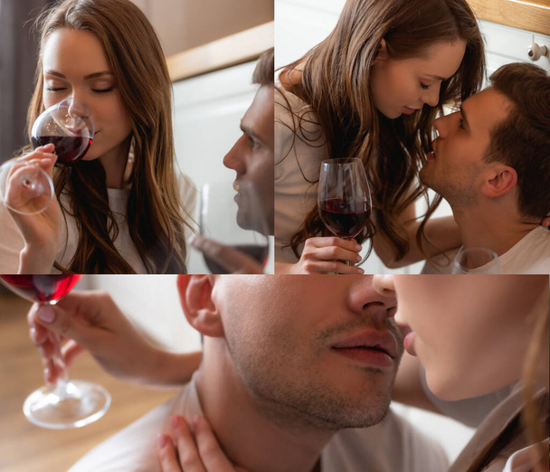 collage of man looking at girl drinking red wine and holding glasses at home - Valokuva, kuva