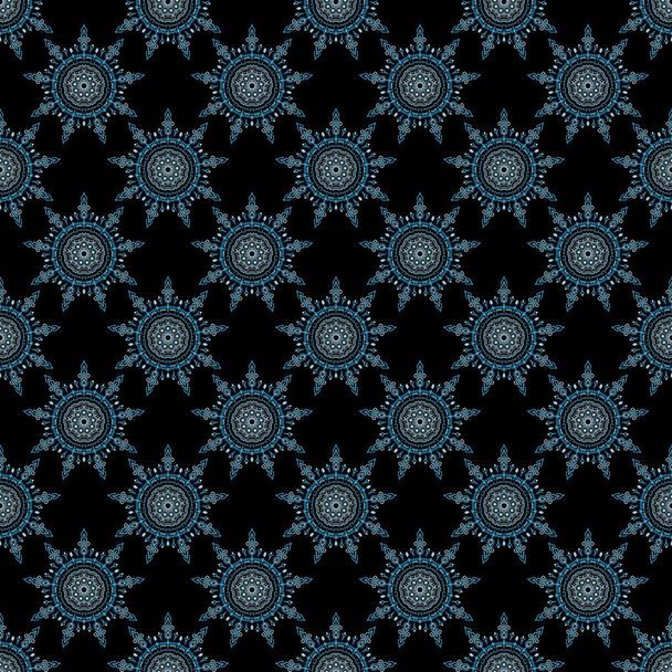 Grafisch modern patroon. Naadloze vectorachtergrond. Abstract patroon in Arabische stijl. Blauwe textuur op zwarte achtergrond. - Vector, afbeelding
