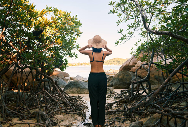 Rear view of young woman in straw hat enjoy sea lagoon on tropical island - 写真・画像