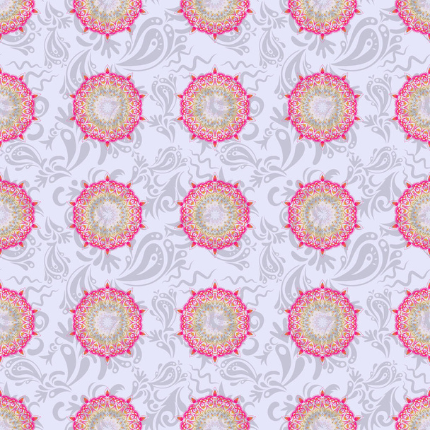 Elegant gray, yellow and pink ornament with stylized stars, filigree decor on ornate background. Luxury vector seamless pattern, button-tufted texture, ornate elements in vintage style. - Вектор,изображение